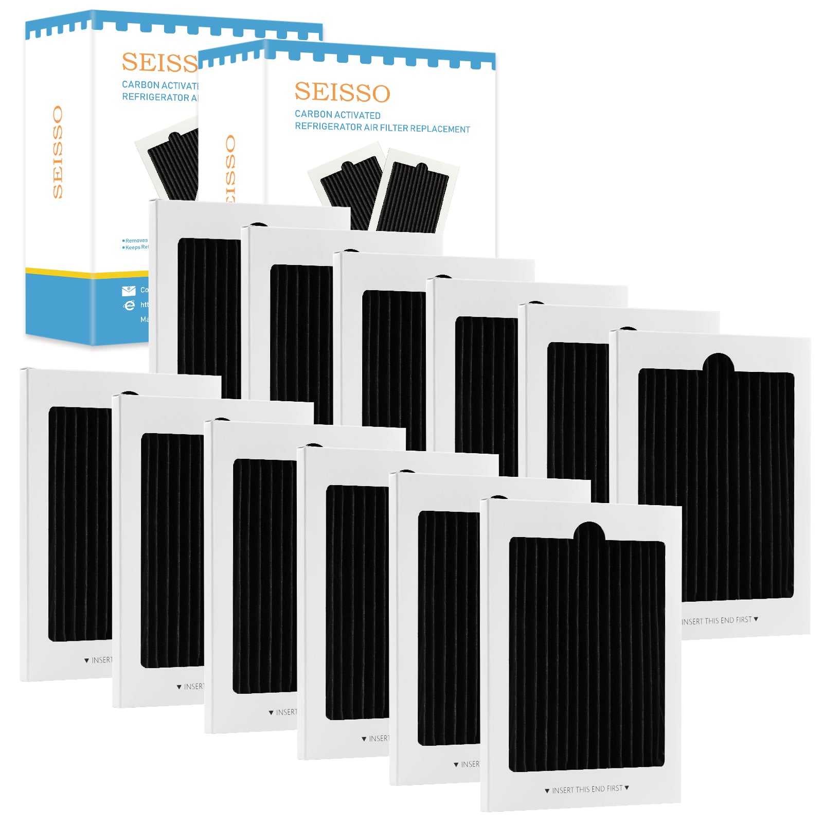 Multiple packages of SEISS carbon activated refrigerator air filter replacements on a white background