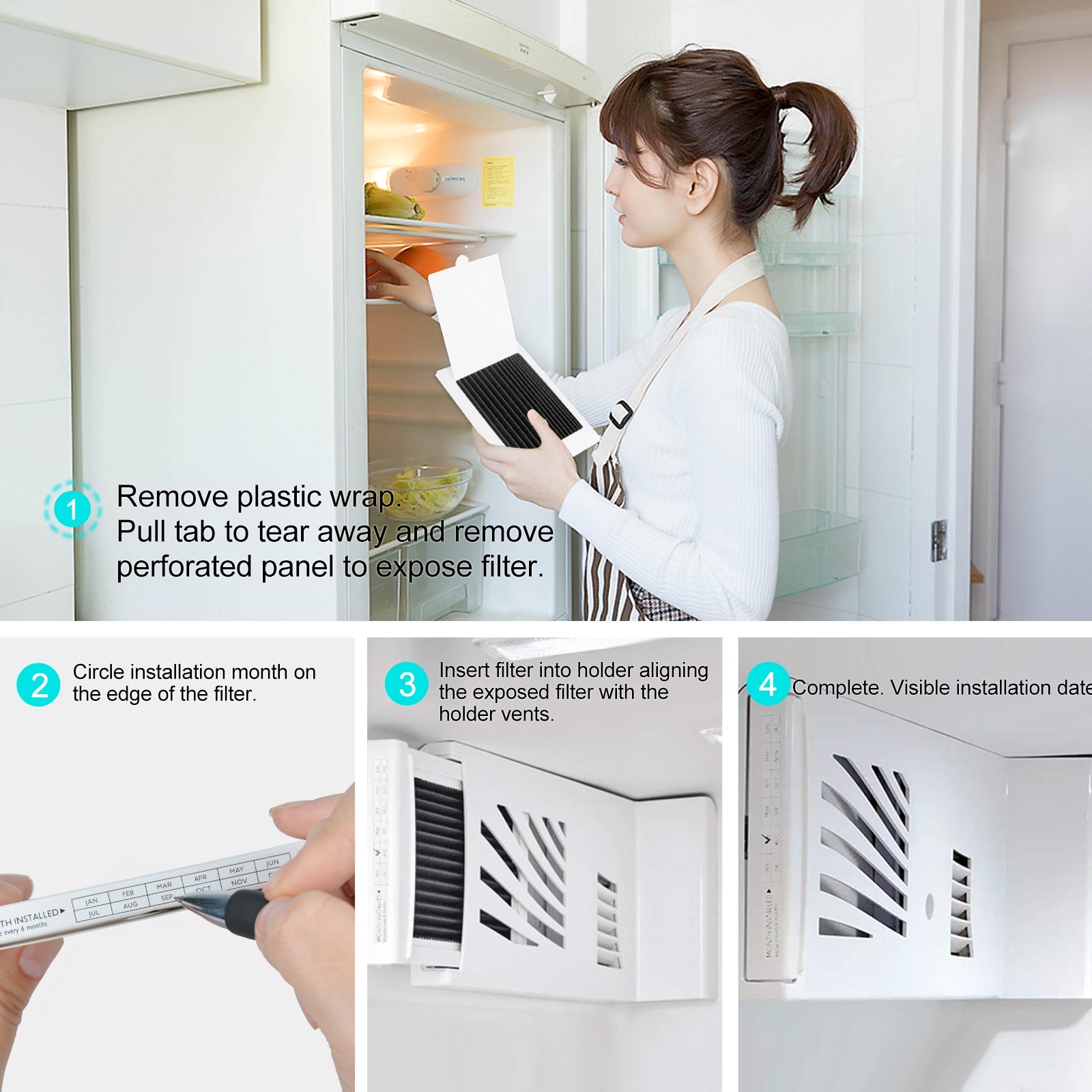 A woman shows Seisso refrigerator air filter step-by-step installation instructions.